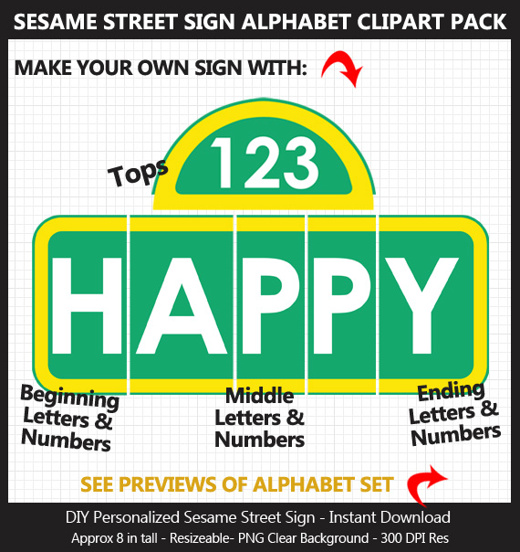 Love these cute Sesame Street sign alphabet clipart for birthday banners and classroom decoration - Letters and Numbers Punctuation
