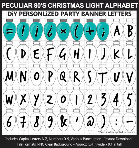 Love these fun Stranger Things Christmas Lights clipart for a Stranger Things Birthday Party wall decoration - Letters, Numbers, Punctuation
