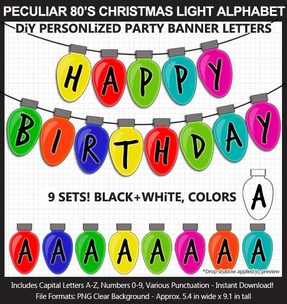 Love these fun Stranger Things Christmas Lights clipart for a Stranger Things Birthday Party wall decoration - Letters, Numbers, Punctuation