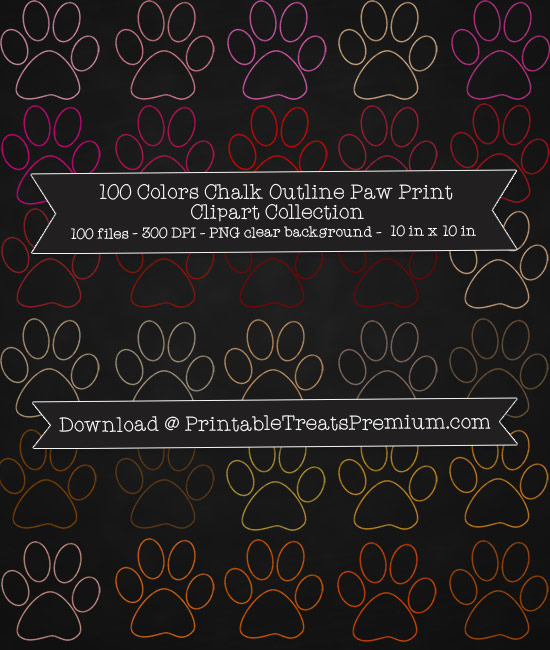100 Colors Chalk Outline Paw Print Clipart Collection