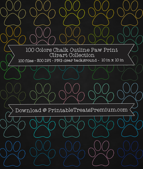 100 Colors Chalk Outline Paw Print Clipart Collection
