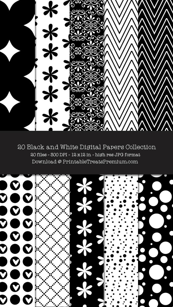 20 Black and White Digital Papers Collection