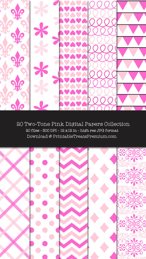 Two Tone Pink Digital Paper Pack for Scrapbooking, Invitations, Wrapping Paper, Parties