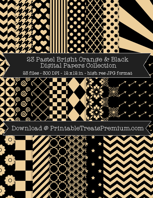 23 Pastel Bright Orange and Black Digital Papers Collection