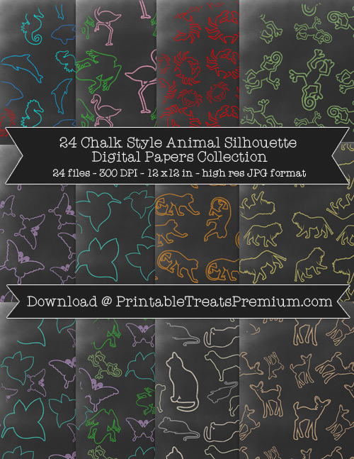 24 Chalk Style Animal Silhouette Digital Papers Collection