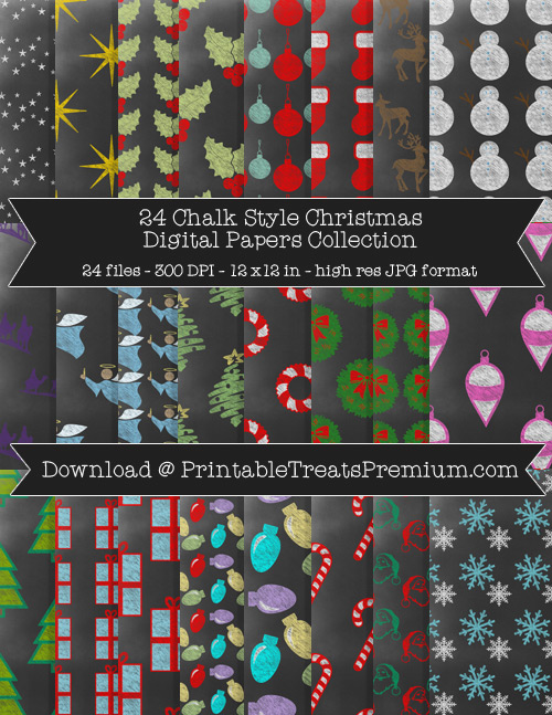 Chalk-Style Christmas Digital Paper Pack for Scrapbooking, Christmas Cards, Wrapping Paper