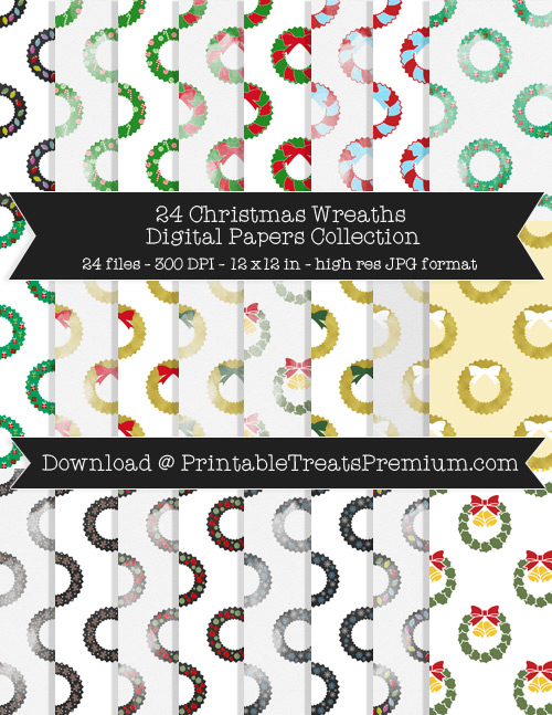 Christmas Wreaths Digital Paper Pack for Scrapbooking, Invitations, Wrapping Paper, Parties
