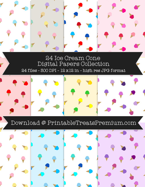 Ice Cream Cone Digital Paper Pack for Scrapbooking, Invitations, Wrapping Paper, Parties, Summer