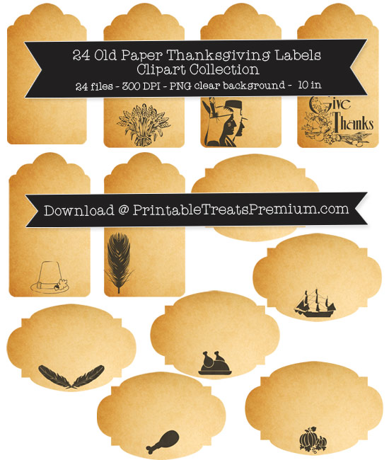 24 Old Paper Thanksgiving Labels Clipart Collection