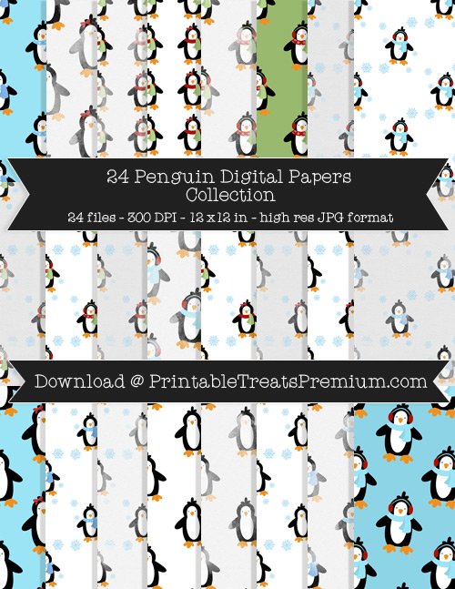 Penguin Digital Paper Pack for Scrapbooking, Invitations, Wrapping Paper, Parties, Christmas, Winter