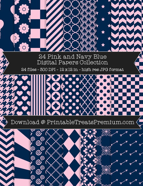 Pink and Navy Blue Digital Paper Pack for Scrapbooking, Invitations, Wrapping Paper, Parties