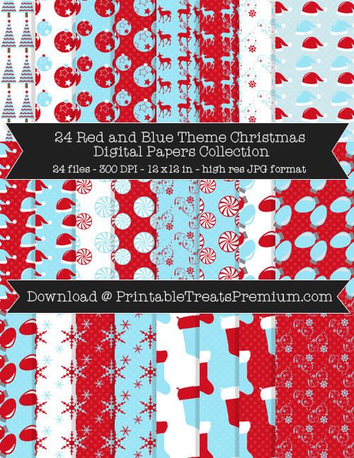 24 Red and Blue Theme Christmas Digital Papers Collection