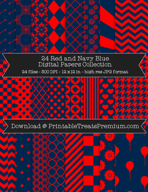 24 Red and Navy Blue Digital Papers Collection