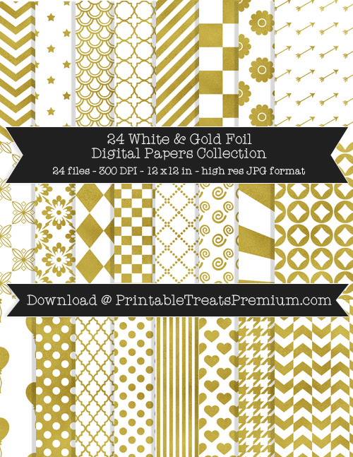 24 White and Gold Foil Digital Papers Collection