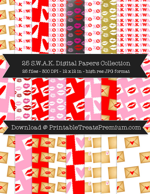 SWAK Sealed With a Kiss Digital Paper Pack for Scrapbooking, Invitations, Wrapping Paper, Parties, Valentine's Day