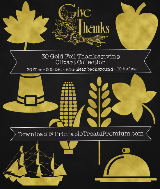 30 Gold Foil Thanksgiving Clipart Collection