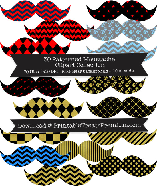 30 Patterned Moustache Clipart Collection