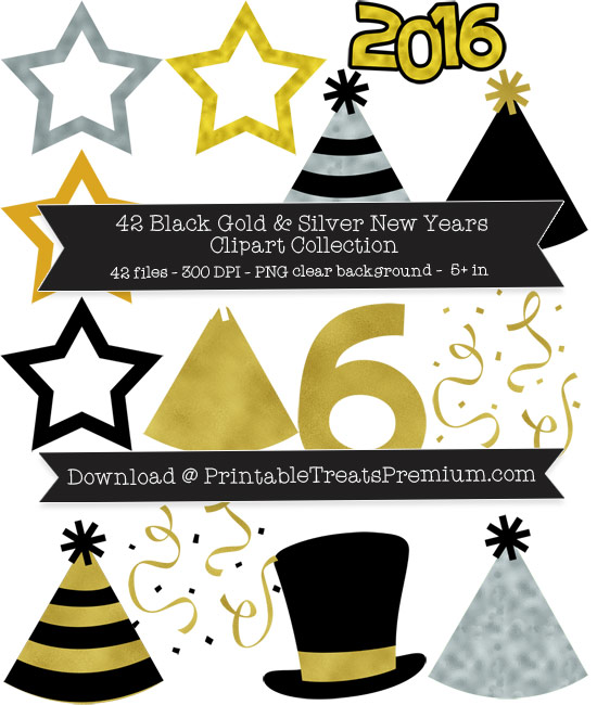 42 Black Gold and Silver New Years Clipart Collection
