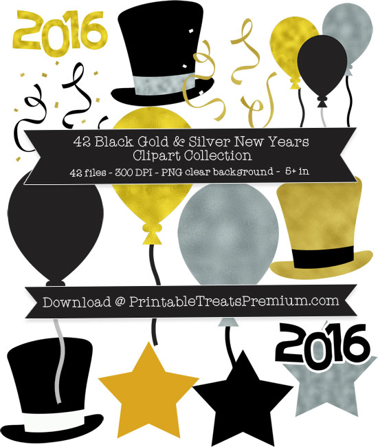 42 Black Gold and Silver New Years Clipart Collection