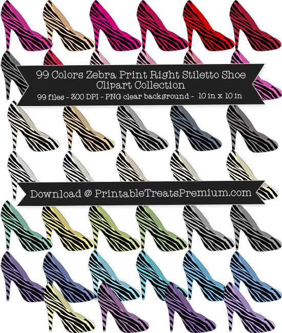 99 Colors Zebra Print Right Stiletto Shoe Clipart Collection