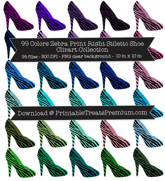 99 Colors Zebra Print Right Stiletto Shoe Clipart Collection