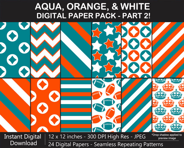 Love these fun aqua, orange, and white seamless pattern digital papers!