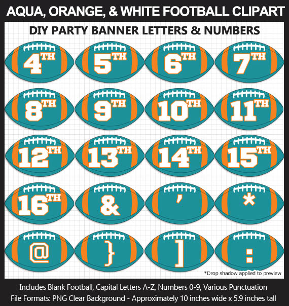 Love these fun Aqua, Orange, and White Football clipart for game day decoration - Letters, Numbers, Punctuation - Go Dolphins!