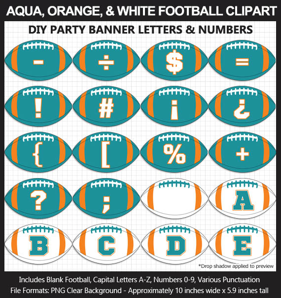 Love these fun Aqua, Orange, and White Football clipart for game day decoration - Letters, Numbers, Punctuation - Go Dolphins!