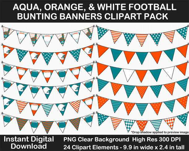 Love these fun Aqua, Orange, and White Football Theme Bunting Banner Clipart - Go Dolphins!