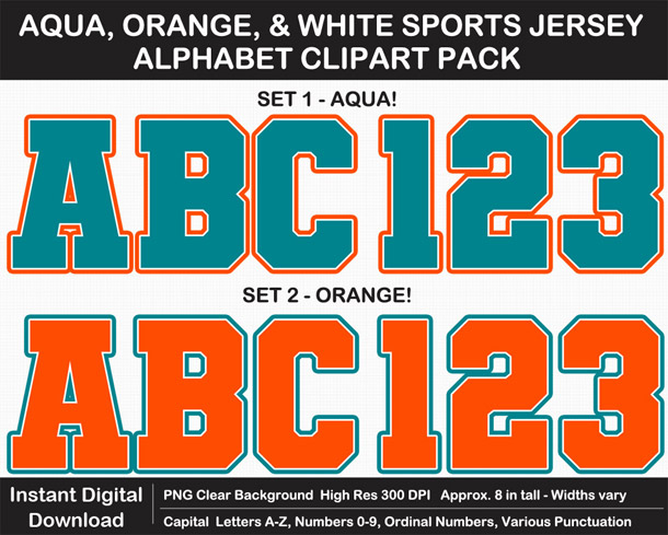 Love these fun Aqua, Orange, and White Sports Jersey Alphabet Clipart for Sign Making - Letters, Numbers, Punctuation - Go Dolphins!