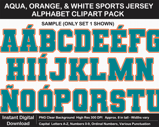 Love these fun Aqua, Orange, and White Sports Jersey Alphabet Clipart for Sign Making - Letters, Numbers, Punctuation - Go Dolphins!