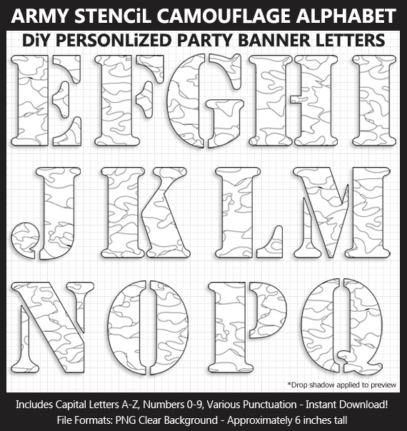 Love these cute army stencil camouflage clipart for birthday banners and classroom decoration - Letters, Numbers, Punctuation