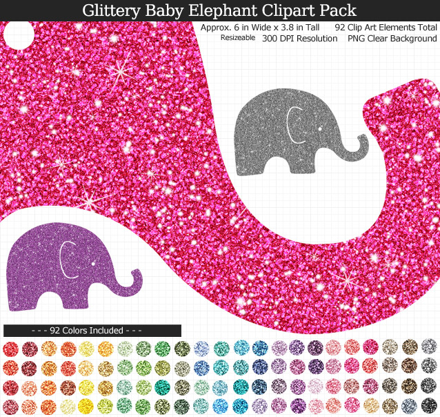 Rainbow Glitter Baby Elephants Clipart Pack - Clear Background PNG - Large 6 inches Wide x 4 inches Tall Resizeable - 92 Colors