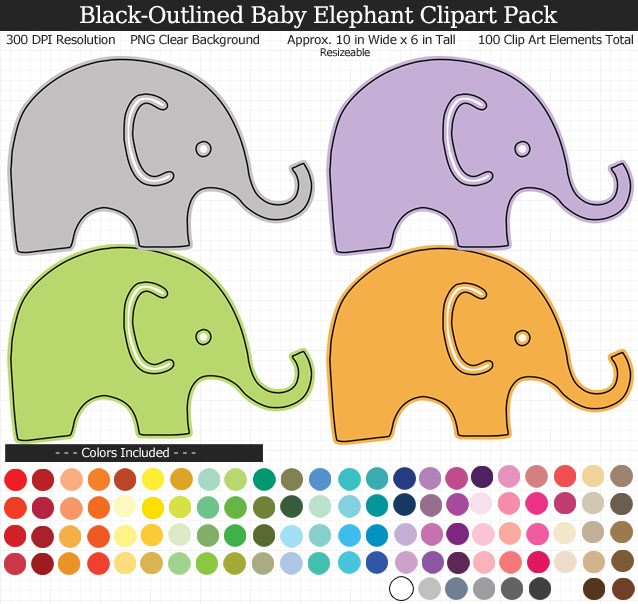 Rainbow Baby Elephants Clipart Pack - Clear Background PNG - Large 9 inches Wide x 9 inches Tall Resizeable - 100 Colors