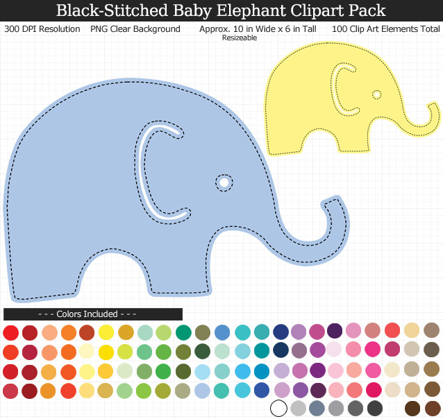 Black-Stitched Baby Elephants Clipart Pack