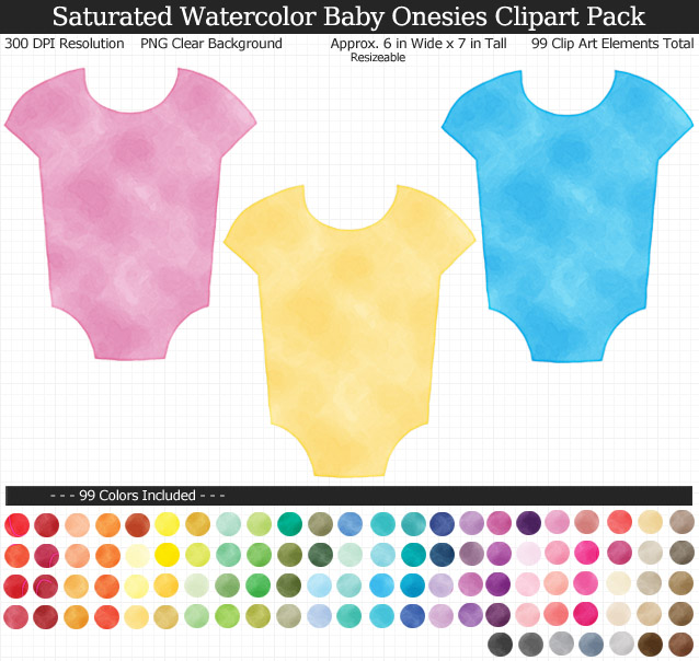 Rainbow Watercolor Baby Onesies Clipart Pack - Clear Background PNG - Large 6 inches Wide x 7 inches Tall Resizeable - 99 Colors