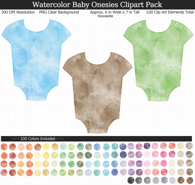 Rainbow Watercolor Baby Onesies Clipart Pack - Clear Background PNG - Large 6 inches Wide x 7 inches Tall Resizeable - 100 Colors