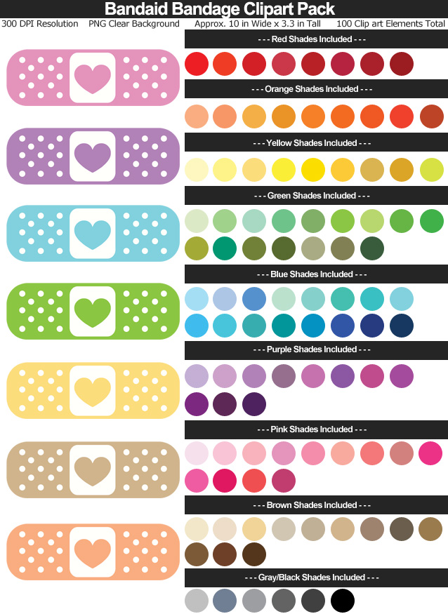 Rainbow Heart Bandaid Bandage Clipart Pack - Clear Background PNG - Large 10 inches Wide x 3.3 inches Tall Resizeable - 100 Colors