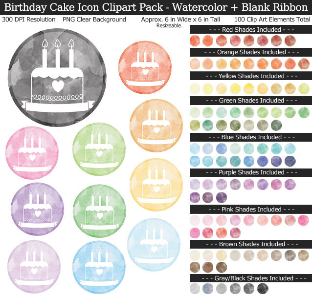 Rainbow Birthday Cake Icon Clipart Pack - Clear Background PNG - Large 10 inches Wide x 10 inches Tall Resizeable - 100 Colors