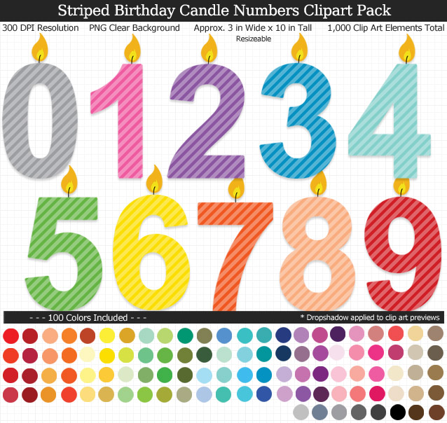 Love these rainbow striped birthday candle clipart for birthday banners and party invitations - 100 colors