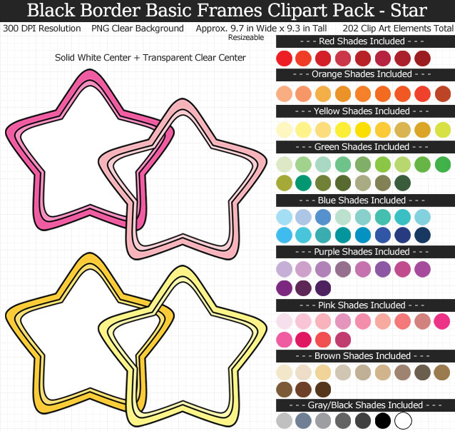 Rainbow Black-Bordered Basic Frames Clipart Pack - Clear Background PNG - Large 6-9 inches Wide x 9 inches Tall Resizeable - 101 Colors