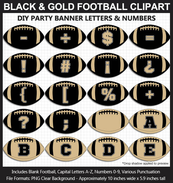 Love these fun Black and Gold Football clipart for game day decoration - Letters, Numbers, Punctuation - Go Saints!