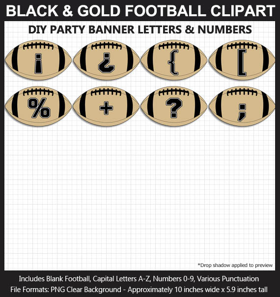 Love these fun Black and Gold Football clipart for game day decoration - Letters, Numbers, Punctuation - Go Saints!