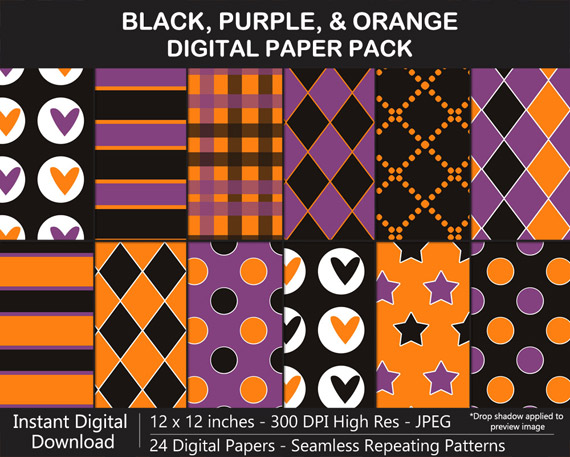 Black, Purple, and Orange Digital Paper Pack for Halloween
