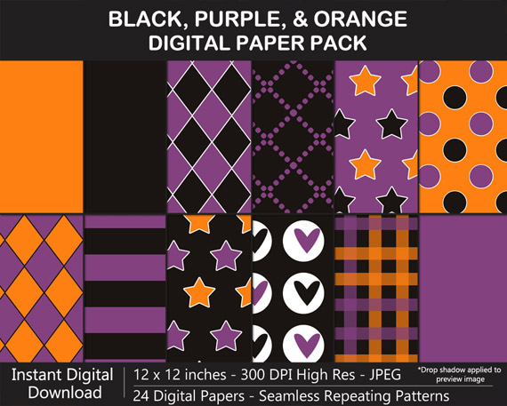 Love these black, orange, and purple pattern digital papers for Halloween!