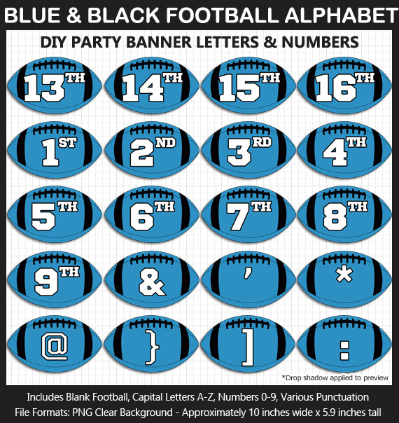 Love these fun Blue and Black Football clipart for game day decoration - Letters, Numbers, Punctuation - Go Panthers!