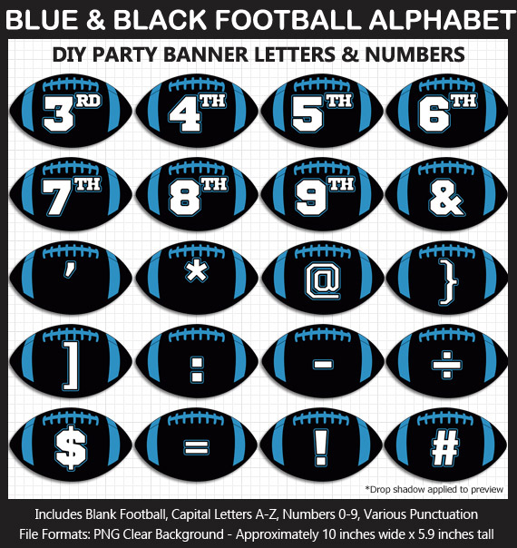 Love these fun Blue and Black Football clipart for game day decoration - Letters, Numbers, Punctuation - Go Panthers!