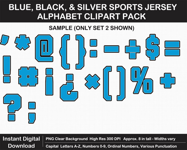Love these fun Blue, Black, and Silver Sports Jersey Alphabet Clipart for Sign Making - Letters, Numbers, Punctuation - Go Panthers!