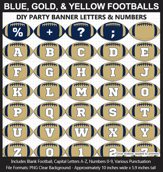 Love these fun Blue, Gold, and Yellow Football clipart for game day decoration - Letters, Numbers, Punctuation - Go Rams!