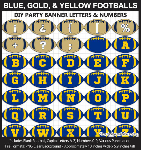 Love these fun Blue, Gold, and Yellow Football clipart for game day decoration - Letters, Numbers, Punctuation - Go Rams!